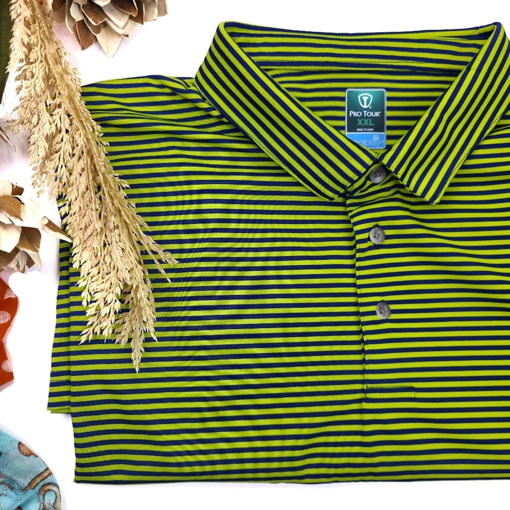 New Pro Tour Striped Golf Polo in Lime & Navy Size 2XL